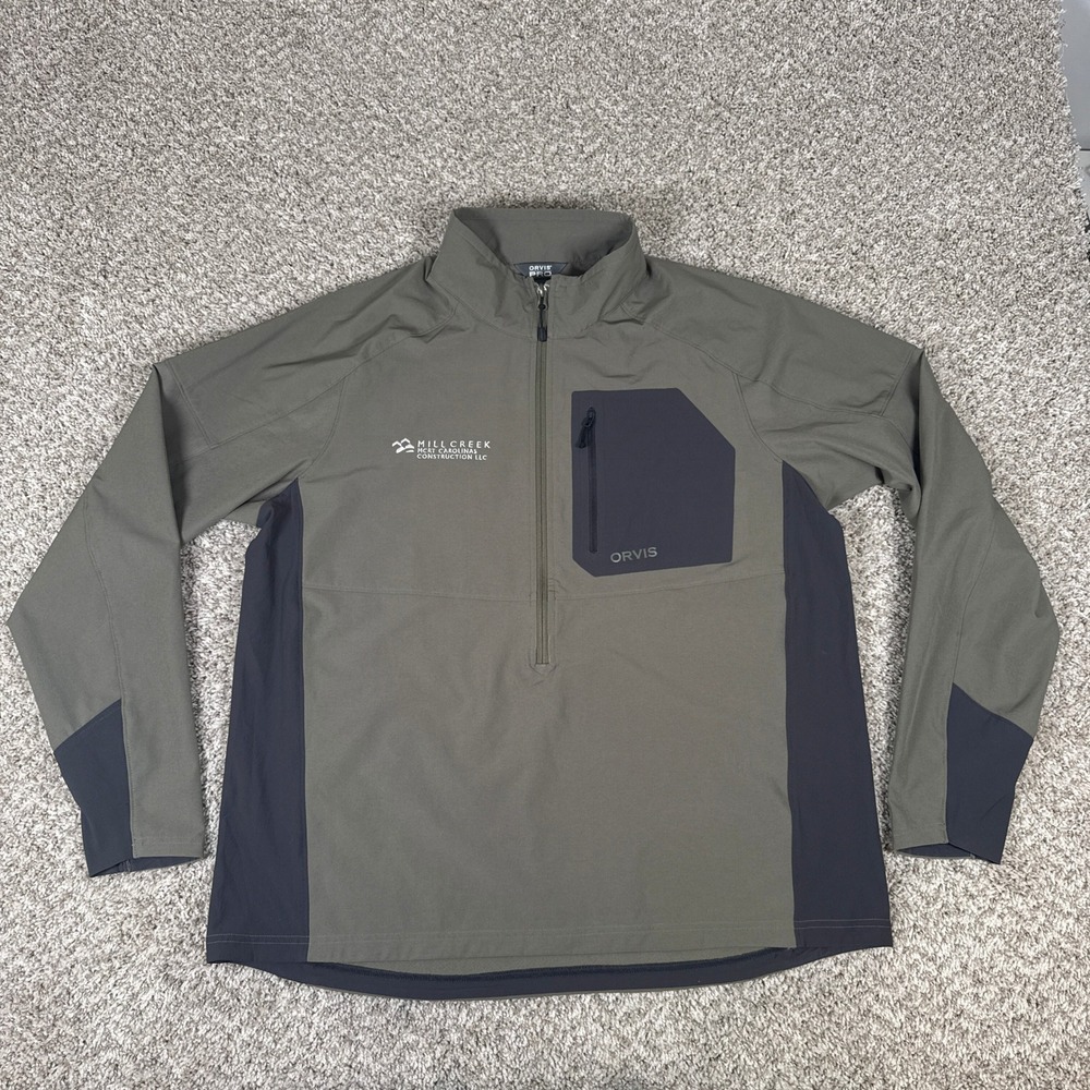 Orvis Pro Jacket Mens XL Green Gray Softshell‎ Stretch Gorpcore 1/4 Zip Pullover